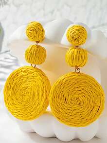 1pair Bohemian Style Raffia Geometric Round Tassel Earrings For Women, Suitable For Daily Wear And Beach Vacation - Brown - View 2