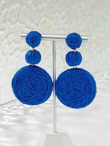 1pair Bohemian Style Raffia Geometric Round Tassel Earrings For Women, Suitable For Daily Wear And Beach Vacation - Brown - View 3