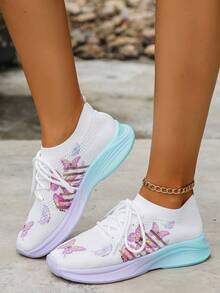 女士印花运动鞋，时尚针织低帮户外跑步鞋，休闲透气步行运动鞋 - 白色 - 查看 2