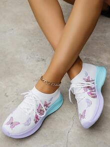 女士印花运动鞋，时尚针织低帮户外跑步鞋，休闲透气步行运动鞋 - 白色 - 查看 6