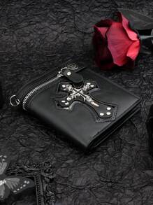 1 件新款复古男士钱包短款时尚钱包朋克黑色骷髅与设计男士双折拉链钱包休闲便携式零钱包带链条卡包万圣节男士钱包钱包小钱包男士钱包真皮 - 黑色 - 查看 5
