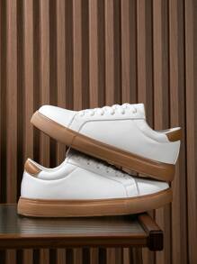 Men's Minimalist Style Black Detail Front Lace-Up Casual Sneakers, Comfortable Lightweight Outdoor Sports Skateboard Shoes - Brown - View 2