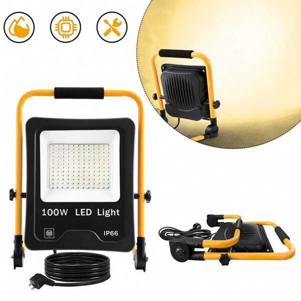 LILIIN Foco de construcción LED de 100 W/200 W con soporte plegable y enchufe de cable de alimentación de 3 m, carcasa de aluminio, luz de trabajo, luz exterior con protección contra rayos, blanco frío/blanco cálido, reflector impermeable IP66