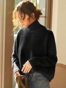 女士高领宽松针织毛衣，适合秋冬季节，加厚长袖套头衫，简约复古风，时尚百搭，适合圣诞节、新年、情人节、返校季等场合，休闲黑色 - 黑色 - 查看 5