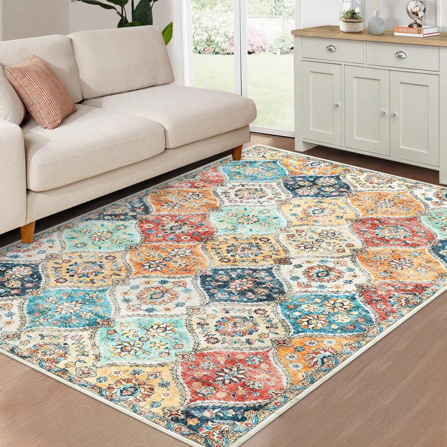 Boho Floral Print Area Rug Non Shedding Non Slip Floorcover Home Decor Stain Resistant Folded Carpet Bordered Easy To Clean Low Pile Doormat For Living Room Bedside Home Office Dining Room Bedroom Laundry Bathroom - 橘色 - 查看 1