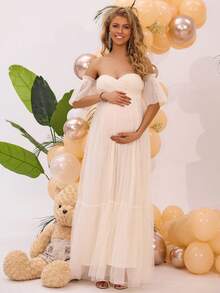 孕妇露肩闪亮网眼礼服，适合孕妇，优雅，适合派对