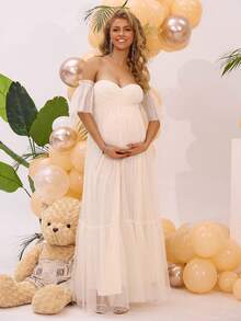 孕妇露肩闪亮网眼礼服，适合孕妇，优雅，适合派对