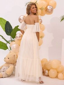 孕妇露肩闪亮网眼礼服，适合孕妇，优雅，适合派对