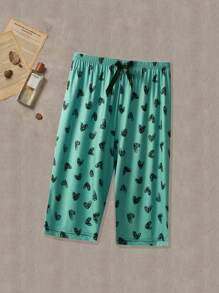 3pcs Women's Casual Sleep Pants, Plus Size Heart Print Bow Elastic Waist Loose Pajama Capri Pants
