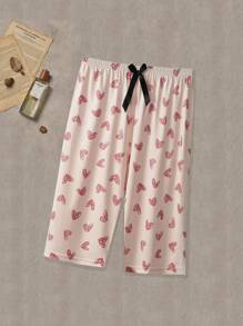 3pcs Women's Casual Sleep Pants, Plus Size Heart Print Bow Elastic Waist Loose Pajama Capri Pants