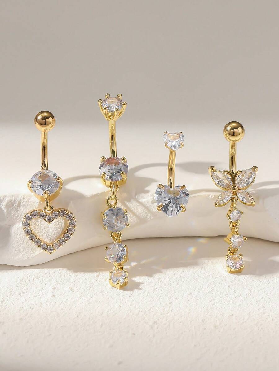 Bộ 4 chiếc nhẫn rốn bằng đồng mạ vàng đính đá CZ, có mặt dây chuyền hình trái tim, bướm và giọt nước mắt, phù hợp cho phụ nữ, hoàn hảo cho ngày lễ tình nhân, lễ tạ ơn, giáng sinh, sinh nhật, tiệc tùng, quán bar, tiệc tùng và trang phục hàng ngày cho ngày lễ tình nhân - Vàng - Xem 1