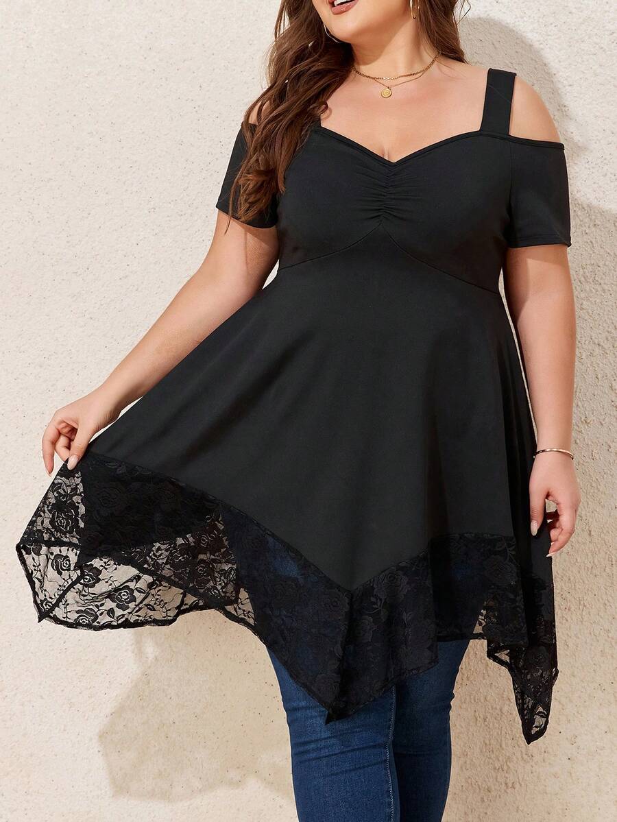 Top casual à bretelles larges, manches courtes avec ourlet asymétrique, grande taille - Noir - Voir 1