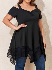 Top casual à bretelles larges, manches courtes avec ourlet asymétrique, grande taille - Noir - Voir 4