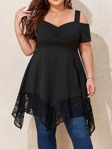 Top casual à bretelles larges, manches courtes avec ourlet asymétrique, grande taille - Noir - Voir 5