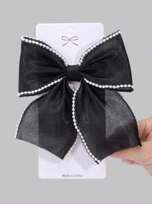 1 件女童粉白色蝴蝶结发夹，带珍珠边缘的优雅蕾丝蝴蝶结发夹，女童节日婚礼派对日常带尾巴的鳄鱼夹，儿童发饰（产品不含卡片）