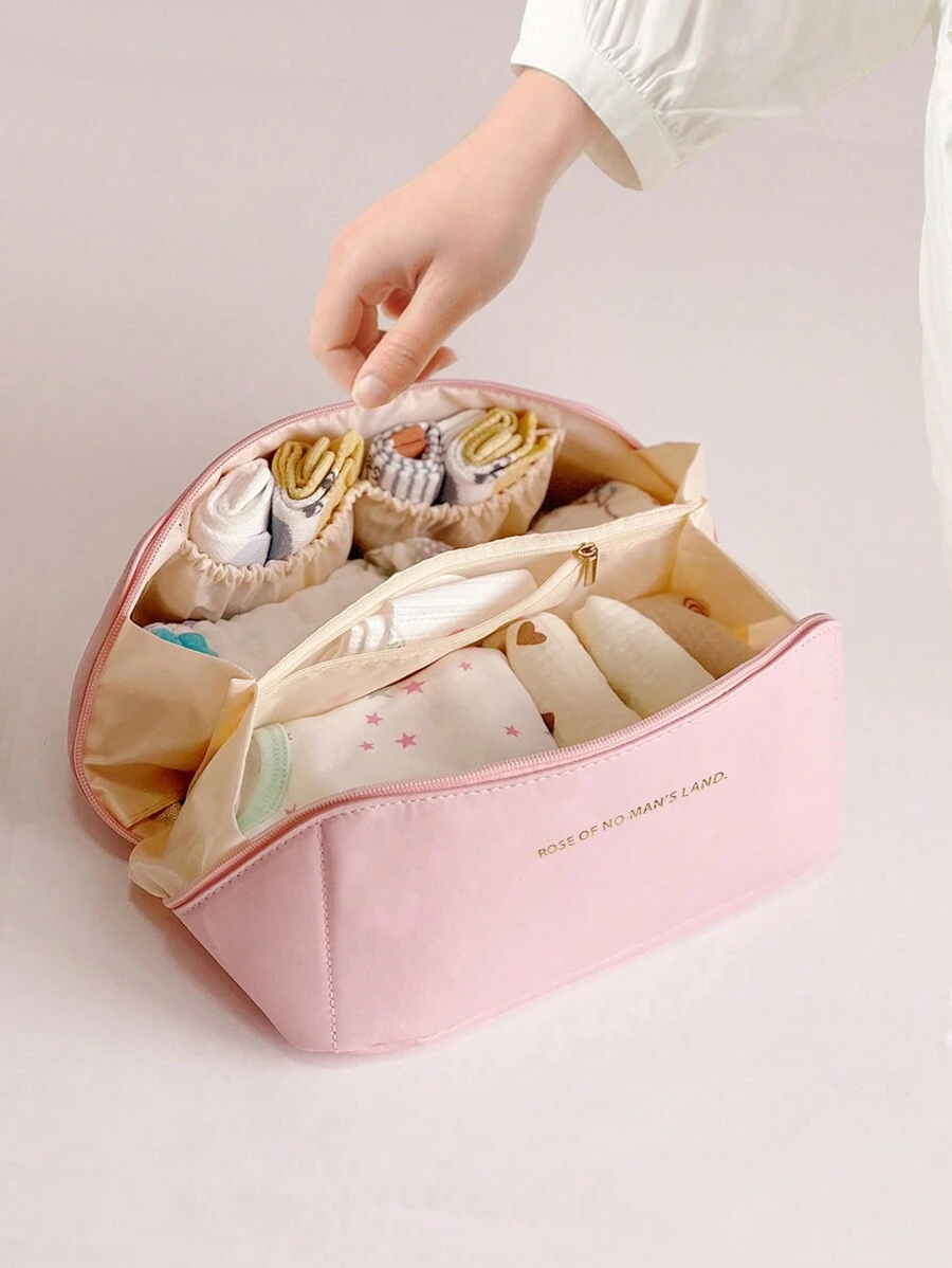 Portable Pillow-Integrated Bag Foldable Travel Bag For Storing Baby Drool Towels, Clothes, Jewelry, And Other Items, Ideal For Moms On The Go - Pink - View 1