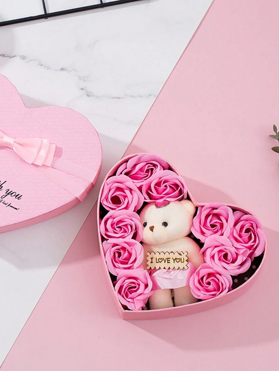 1 Pc Red Artificial Flower & 1pc Heart-Shaped Storage Box, Romantic Simulation Flower Decor For Home And Party - Pink - View 1