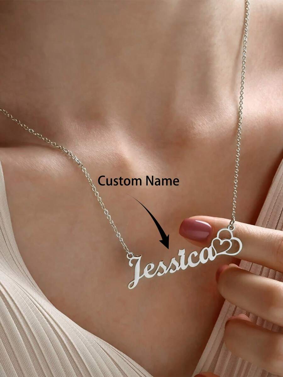 1PC Simple Stainless Steel Customized Name Necklace,Women's Silver Double Hollow Heart Pendant,45+5cm Chain Long Neck Chain Charms,Customized Jewelry,Valentine's Day Birthday Summer Vacation Accessories Gift - Gold - View 1