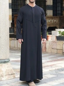 Men's Long Sleeve Muslim  Saudi Arabia Thobe Abaya Kaftan Robe Islamic Dubai - Black - View 2
