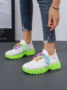 女款舒適柔軟厚底圓頭運動鞋，四季設計，輕盈透氣運動鞋，鞋帶式設計 - 綠色 - 查看 5