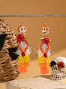 imoli 1 对异想天开的涤纶彩虹玫瑰花流苏骷髅耳环，万圣节派对礼物，适合女性 - 彩色 - 查看 3