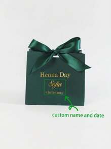 Personalized 'Henna Day' Mini Gift Box In Emerald Green With Gold/Green Ribbon, Customized With Name And Date, Perfect For Candies And Small Gifts, Ideal For Pre-Wedding Celebrations For Him Her, Friends, Pets, Son, Daughter For Anniversaries, For Valentine's Day, For Mother's Day, For Birthdays, For Children's Day, For Father's Day, For Graduation, For Weddings, For Housewarming Living Room, Bedroom, Office, Tea Room, Home, Christmas,Gala Night - Green Box Henna Day Customization - View 9