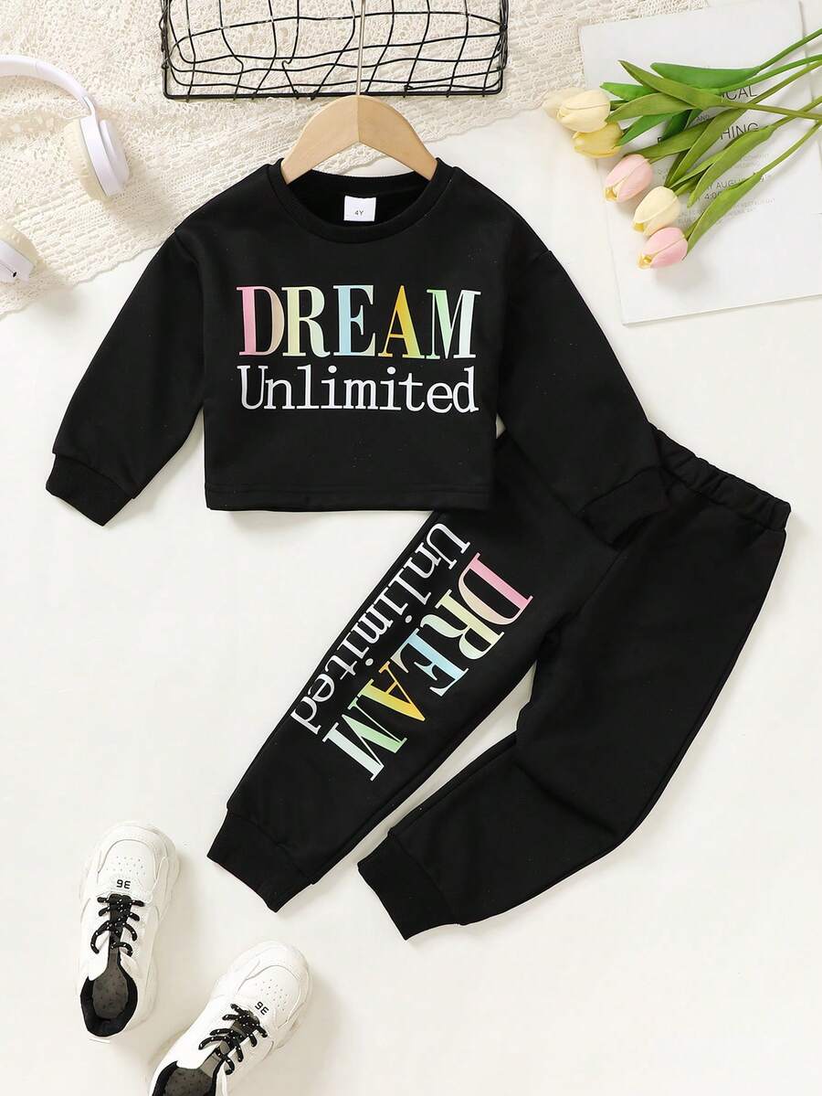 Young Girl Letter Element Crew Neck Long Sleeve Sweatshirt And Jogger Sweatpants 2-Piece Set - Black - View 1