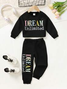Young Girl Letter Element Crew Neck Long Sleeve Sweatshirt And Jogger Sweatpants 2-Piece Set - Black - View 3