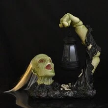 1 件特殊户外灯太阳能灯万圣节鬼节复古骷髅绿色恶魔雕像树脂工艺烛台恐怖主题房间逃生场景装饰