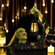 1 件特殊户外灯太阳能灯万圣节鬼节复古骷髅绿色恶魔雕像树脂工艺烛台恐怖主题房间逃生场景装饰