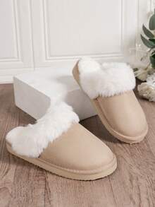 Solid Color Women's Slip-Resistant Flat Soft And Comfortable Thick Bottom Fur-Lining Home Indoor And Outdoor Warm Slippers, Autumn/Winter - Beige - View 2