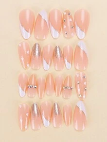 立即提升您的造型套裝24入組杏仁形假指甲，法式裸色配白邊和閃粉裝飾，配1pc韓國風格白色心形指甲貼紙，適用於派對、跳舞、日常穿著，可拆卸和重複使用，附1pc指甲檔和磨光器。貼式指甲美甲用品 - 彩色 - 查看 5
