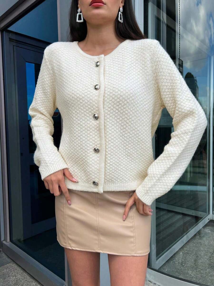 Women's Solid Color Long Sleeve Metal Button Cardigan Sweater - Beige - View 1