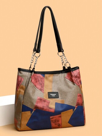 女性時尚多功能大容量皮革手提包，拼色立體設計，鍊帶裝飾，適合購物和散步