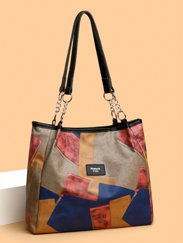 Women's Fashionable Multifunctional Large Capacity Leather Tote Bag, Color Block 3D Design, Chain Decoration, Suitable For Shopping And Strolling