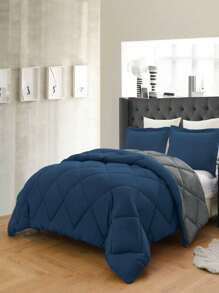 3PC Reversible 2-Tone Comforter Set With 2 Pillow Shams - 2 Different Colors! Duvet Insert - Navy & Gray - View 2
