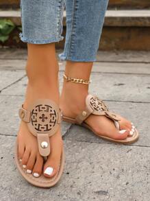 女式時尚大尺碼舒適休閑卡其黃色拖鞋，帶趾環