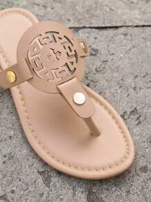 女式時尚大尺碼舒適休閑卡其黃色拖鞋，帶趾環