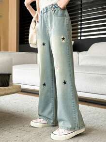 Tween 女童夏季五角星刺绣阔腿牛仔裤 1 件 - 藍色 - 查看 4