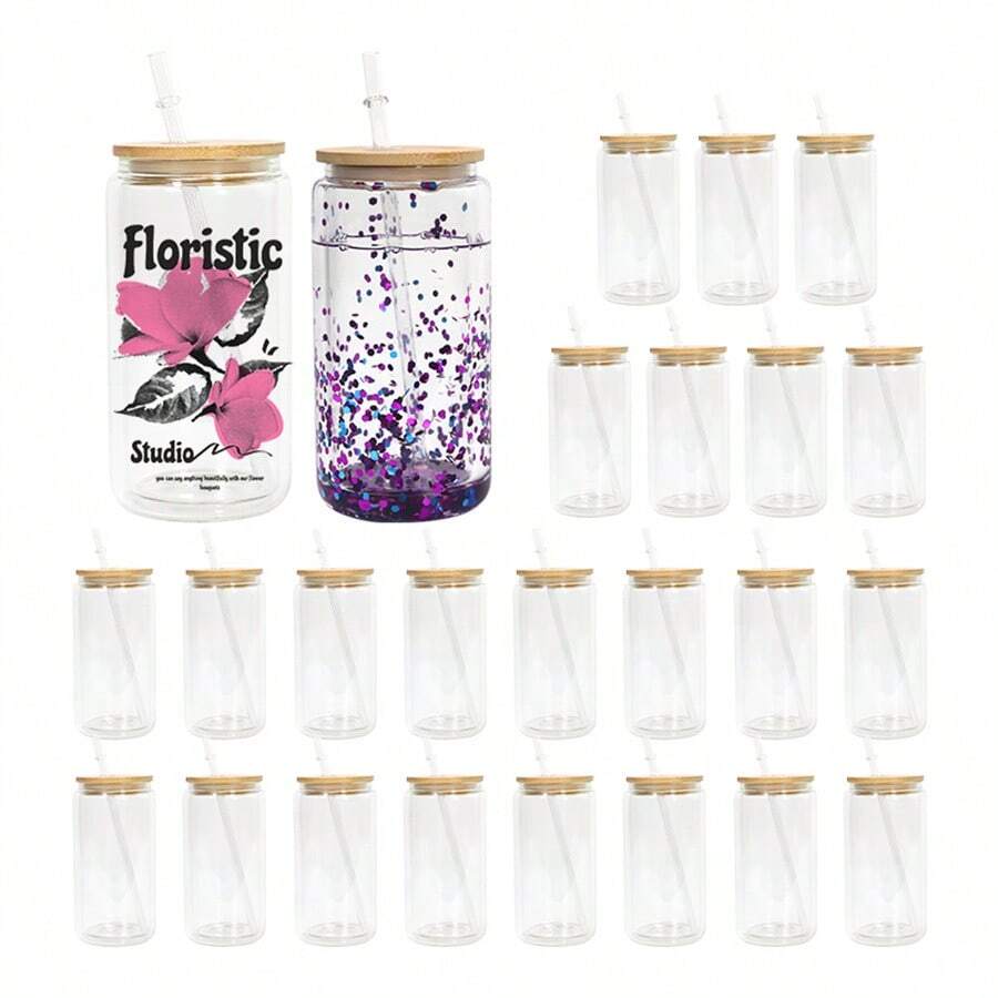 25 PACK Sublimation 16oz Snow Globe Glass Cup Double Wall Clear Glass Cup With Bamboo Lid - Clear - View 1
