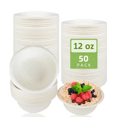 25/50/100pcs Paper Bowls Bulk 12oz Disposable Foodgrade Bowls, Snack Salad Bowl Serving Tableware, Hot Cold Food Party Supplies For Wedding Birthday Baby Shower Celebration Christmas Thanksgiving
