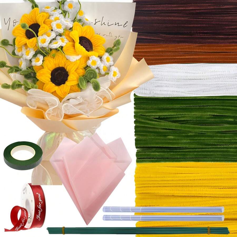 305pcs Chenille Stems Craft, Pipe Cleaners Flowers Kit, With Flower Stems And Gardening Tape, Pipe Cleaner Made From Sunflower Bouquets, Home Handmade Decorations, Flexible And Durable Diy Art And Creative Handicraft Project Decoration, Can Be Used As Graduation Gifts - Sunflower Bouquet - View 1