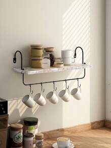 SUMGAR Coffee Mug Holder, Coffee Bar Shelf With Hooks Wall Mount Cup Organizer Mug Racks Coffee Pods Storage Hanger, Farmhouse Kitchen Decor Coffee Bar Accessories, Black And White - 白色 - 查看 3