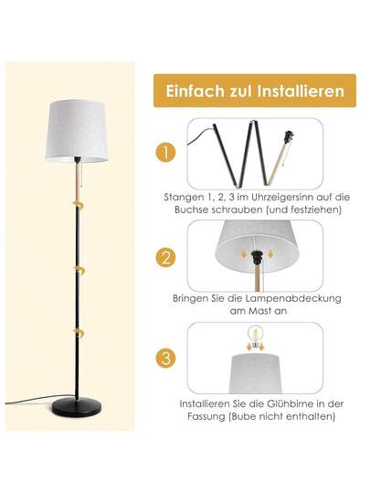 Vloer Lamp Linen Lampshade, E27 Base, Max. 60W, Living Room Lamp, Fabric Shade 170cm Height Room, Bedroom, Study, Office, out Bulb view 2