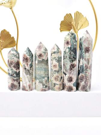 1入天然水晶綠色櫻花方尖碑台式裝飾石頭，家居裝飾