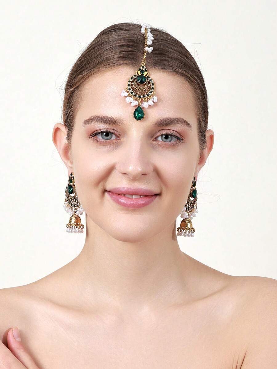 Set de 3 piezas Nuevo Estilo Bohemio Conjunto de Joyería de Mujer: 1 pieza Cadena de Frente Decorada con Rhinestones de Vidrio en Verde/Rojo/Negro1 piezaar de Aretes con Forma de Campana Elegantes, Regalo de Navidad Perfecto para Amigos