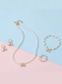 5pcs/Set High-End Faux Pearl & Bow Necklace, Bracelet, Earrings And Ring Jewelry Set, Suitable For Girls Wearing To Banquet And Ball - Bow - View 7