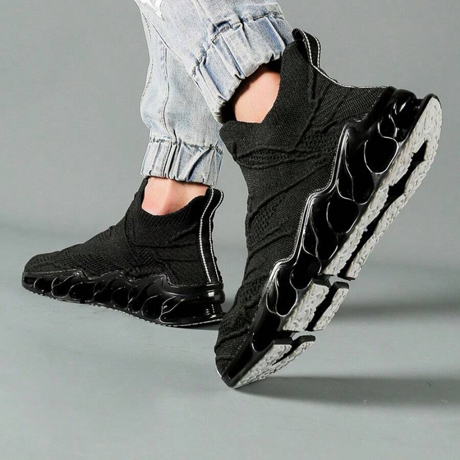 Men's Fashion Woven Knit Breathable Blade-Style Running Shoes, Shock-Absorbing, Comfortable Non-Slip Durable Sports Shoes, Suitable For Outdoor Activities - Odor-Resistant Sports Shoes - Lightweight & Breathable - Black - View 1