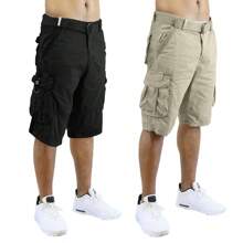 2-Pack Men's Distressed Cotton Cargo Belted Shorts - 黑色和卡其色 - 查看 1