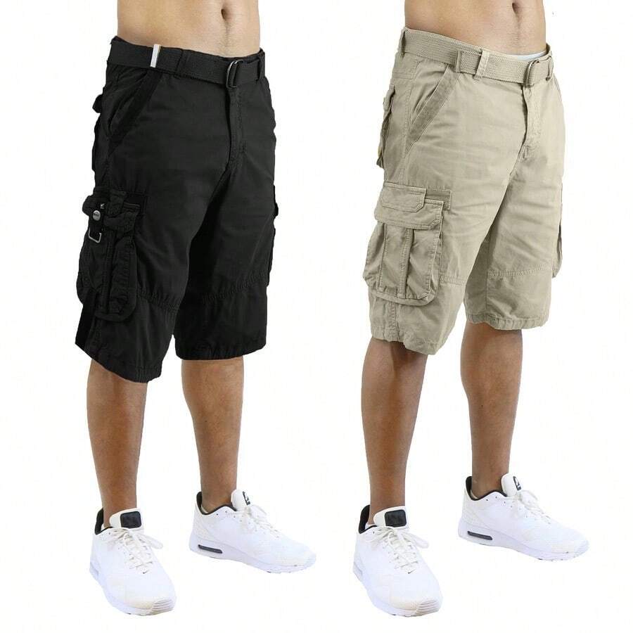 2-Pack Men's Distressed Cotton Cargo Belted Shorts - 黑色和卡其色 - 查看 1